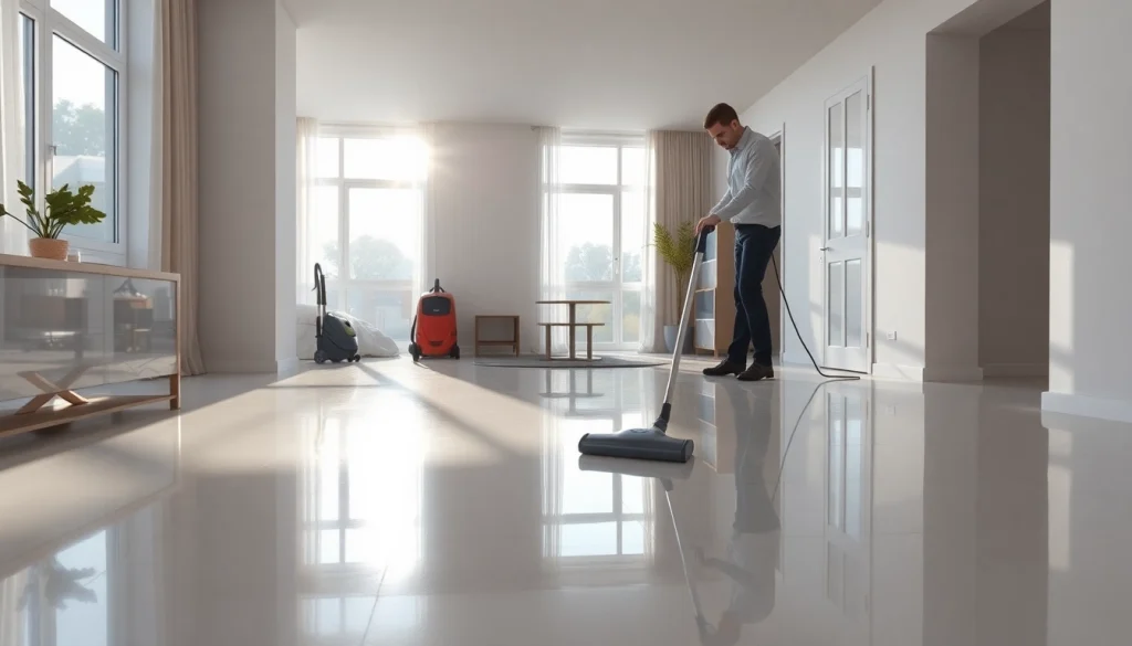 Bond cleaning service showcasing gleaming surfaces and professional tools in a bright apartment.