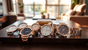 Trendy Damen Armbanduhren auf einem eleganten Tisch arrangiert.