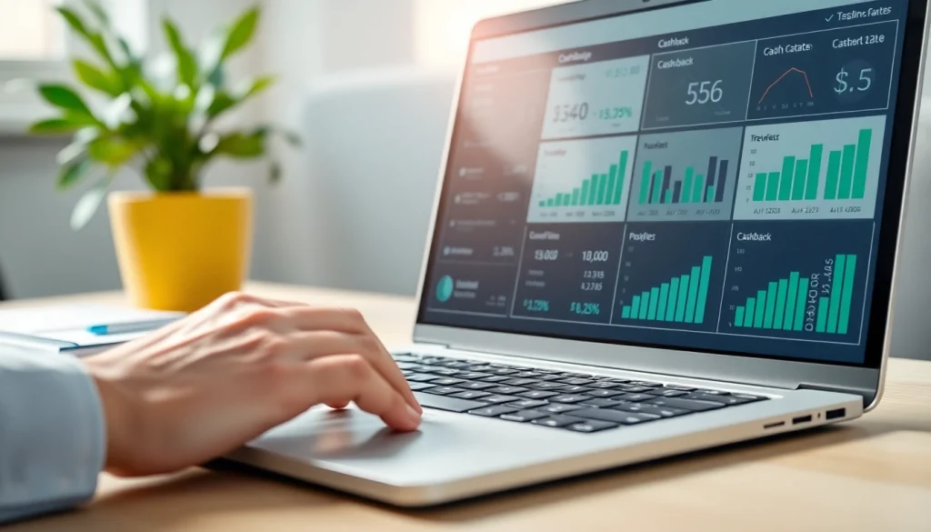 Compare cashback rates with detailed statistics on a laptop in a modern workspace.