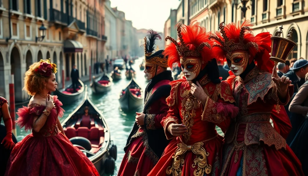 Experience the vibrant Venice Carnival with elegant masks and costumes in a lively Venetian setting.