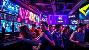Engaging scene showcasing competitive action in cs4 Betting with diverse gamers in a vibrant esports lounge.