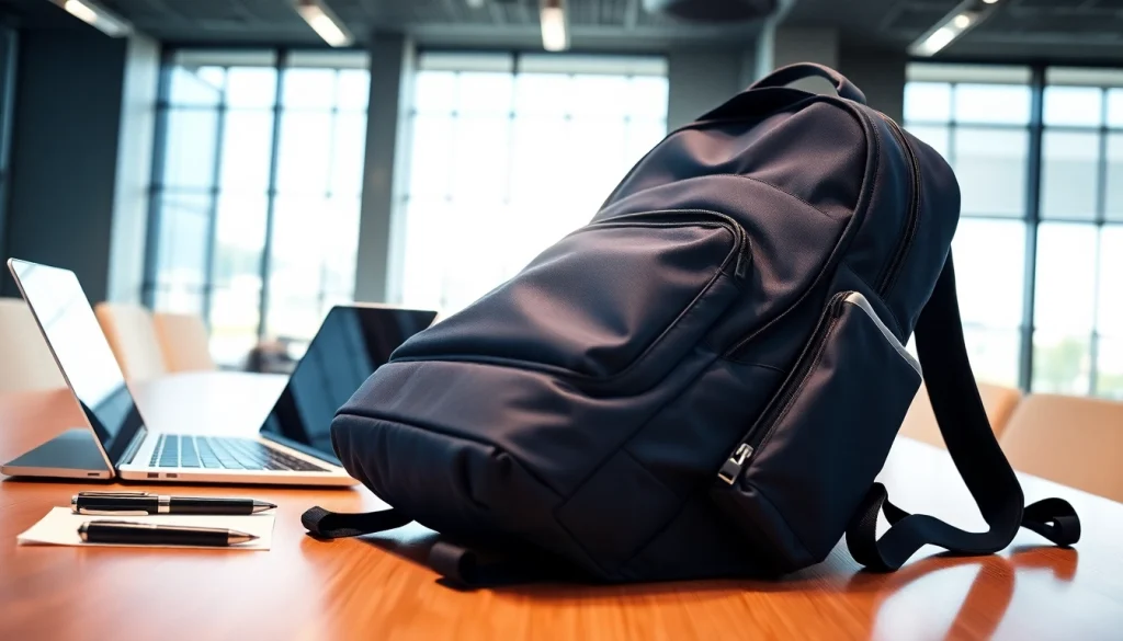 Der Business Rucksack Hangepäck zeigt sich stilvoll auf einem modernen Büro-Schreibtisch.