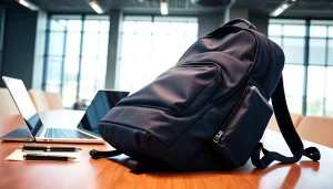 Der Business Rucksack Hangepäck zeigt sich stilvoll auf einem modernen Büro-Schreibtisch.