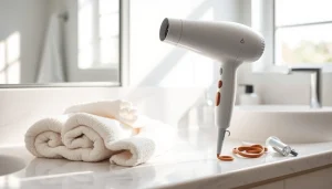 Capture the best hair dryer elegantly displayed on a counter, showcasing its modern design.