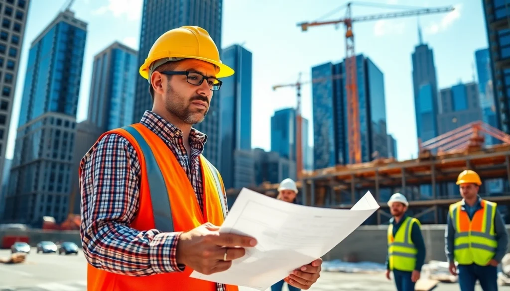 New York City Construction Manager overseeing an urban construction site with skyscrapers.