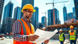 New York City Construction Manager overseeing an urban construction site with skyscrapers.