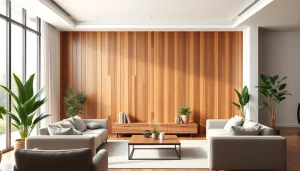 Showcase of a wood slat wall panel in a modern living room with natural lighting and cozy decor.