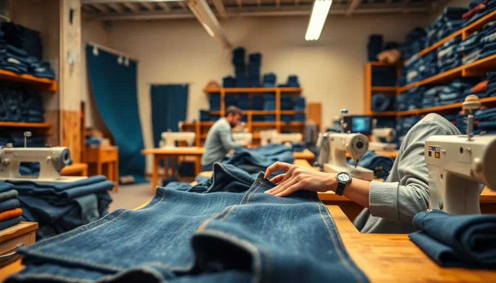 Artisans creating quality jeans with denim textures, showcasing jeans manufacturers craftsmanship.