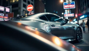 Reveal the stunning Liquid Metal Tungsten Steel Paint finish on a car in a dramatic urban setting.