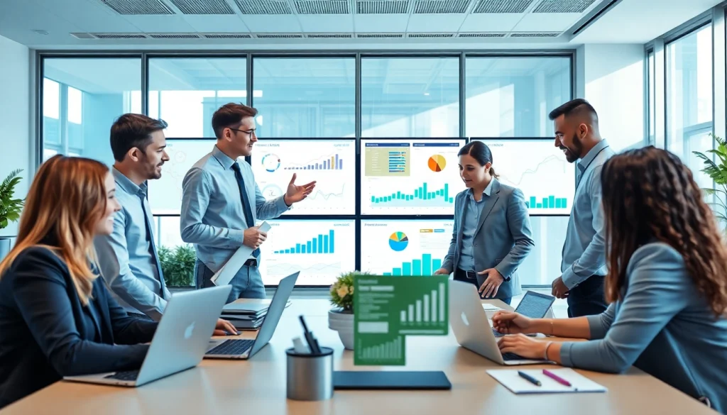 Team collaborating using all in one business software in a modern office environment.