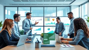 Team collaborating using all in one business software in a modern office environment.