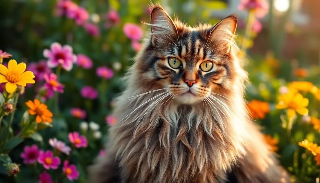 Find Maine Coon cats for sale near me in a lush garden setting with vibrant flowers.