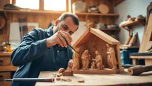 Craftsman skillfully creating olive wood carvings with intricate details.