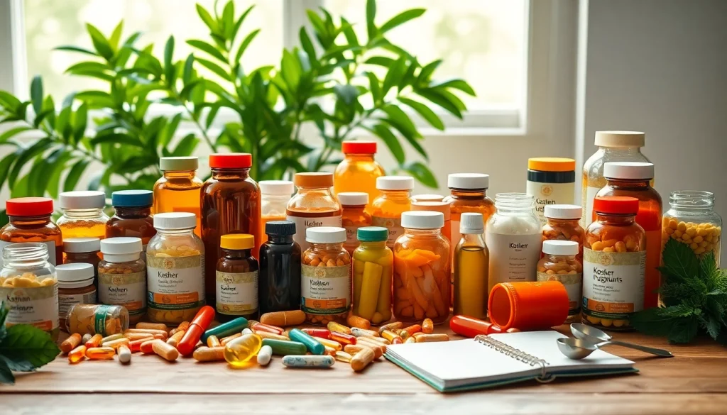 Showcase large variety of kosher vitamins in vibrant display promoting health and wellness.