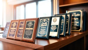 Admire custom award plaques displayed elegantly on a shelf, showcasing unique designs and craftsmanship.