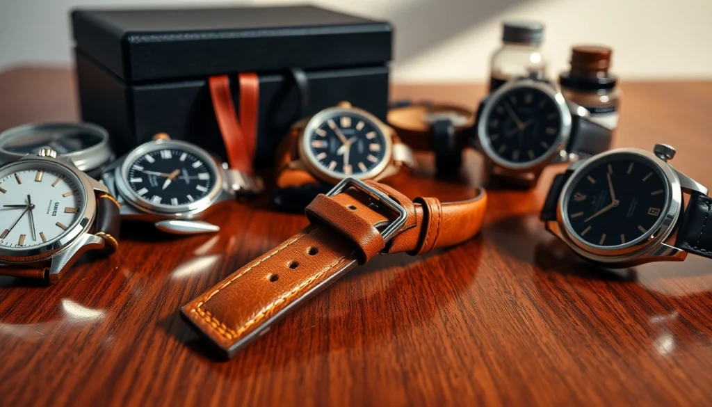 Showcase of an 18mm leather watch strap with elegant watches highlighting its fine craftsmanship.