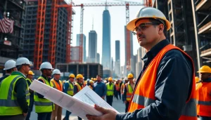New York City Construction Manager supervising a construction site, showcasing teamwork and urban development.