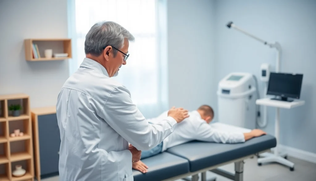 Physiotherapist working on a patient suffering from back pain physio in a serene clinic.