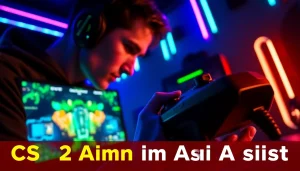 Gamer using CS2 Aim Assist for improved targeting precision in an intense gaming environment.