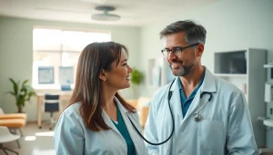 Engaging primary care physician las vegas consulting with a patient in a welcoming clinic.