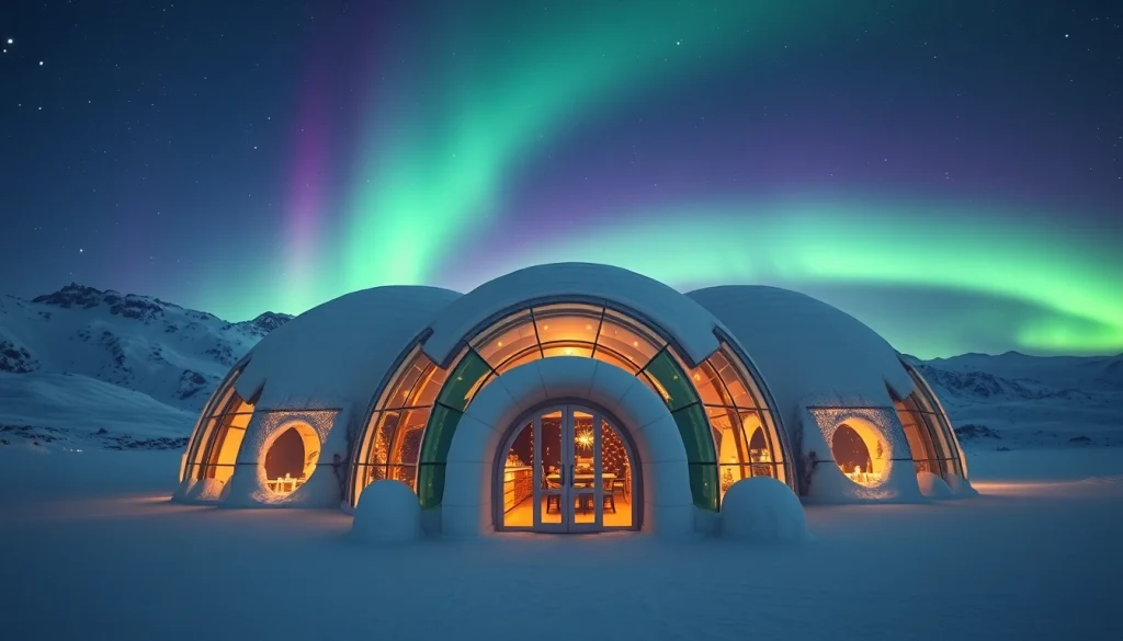 Guests marveling at the stunning igloo hotel illuminated under the Northern Lights.