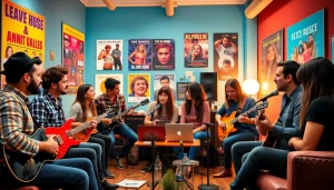 Musicians collaborating with a music pr company in a vibrant studio.