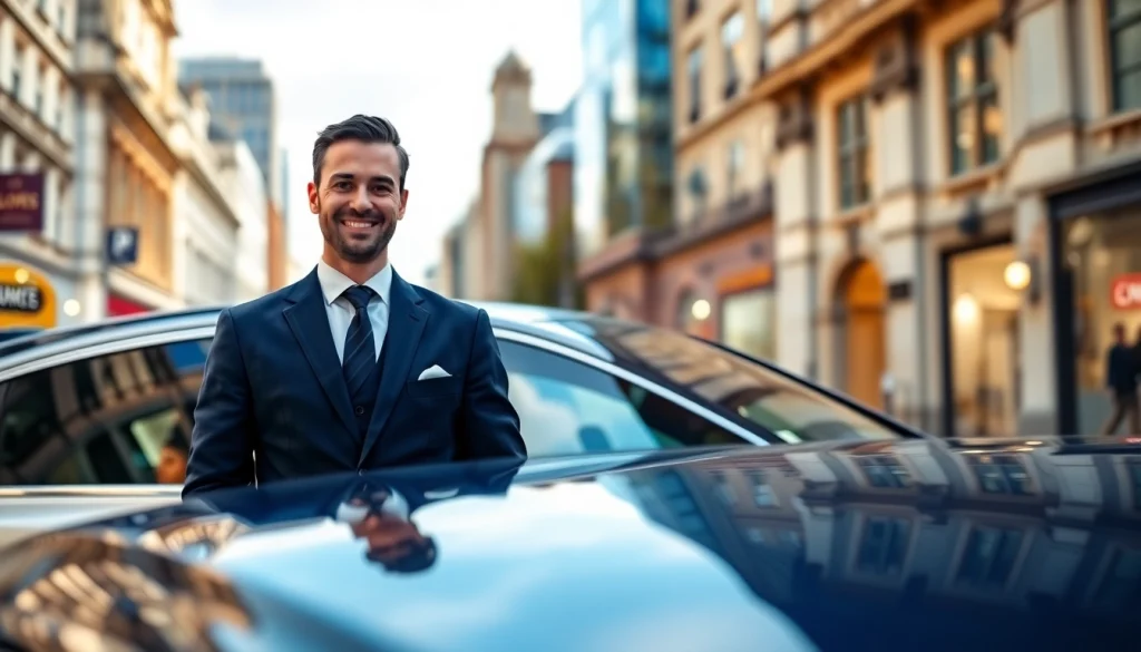 Experience a professional london chauffeur beside a luxury vehicle in an upscale setting.