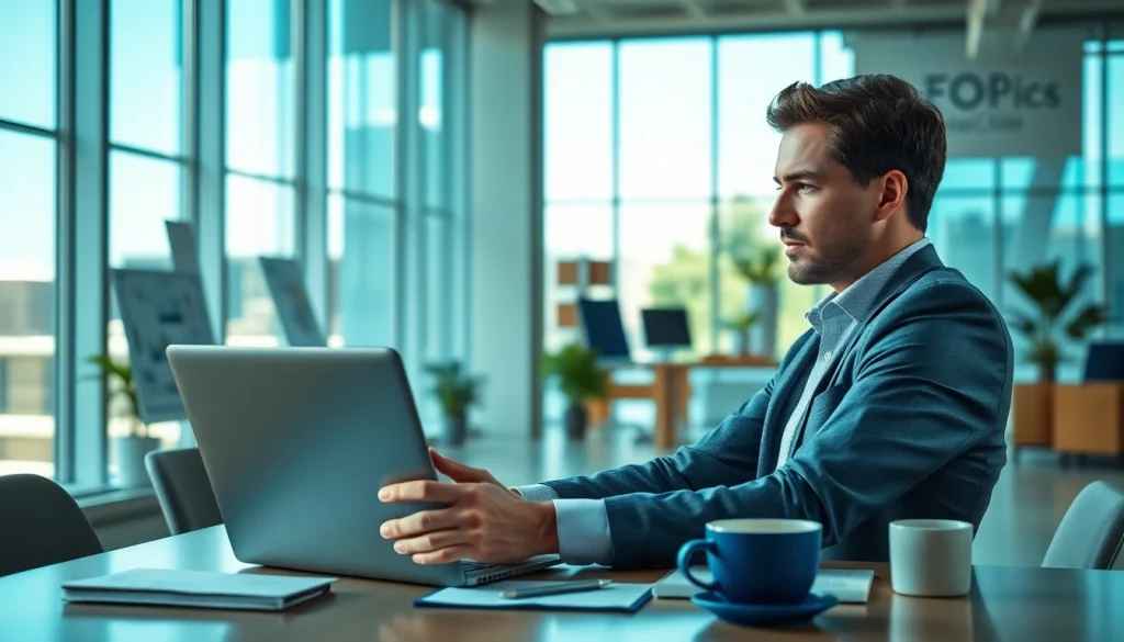 Engaged purchasing consultant analyzing data in a bright corporate office environment.