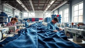Skilled jeans manufacturers inspecting denim and sewing high-quality jeans in a vibrant factory.