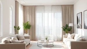 Gordijnvoering die elegant de grote ramen omlijst in een stijlvol interieur.