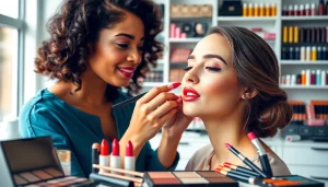 Apply lipstick with vibrant shades showcased on https://cosmeticsarenas.com in a modern studio.