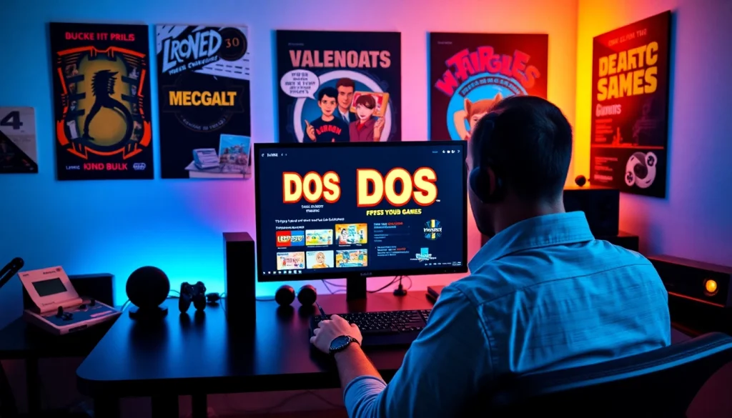 Engaging gamer browses DOS games download on a vibrant desktop setup.