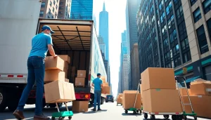 NYC movers efficiently loading a truck in a bustling NYC street during a sunny day.