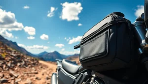 Secure your motorcycle tank bag for off-road adventures, highlighted against a scenic outdoor backdrop.
