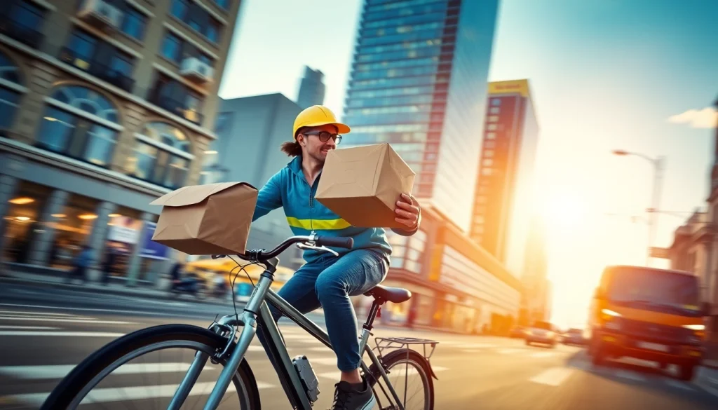 Courier riding a bicycle delivering packages in a vibrant urban environment.