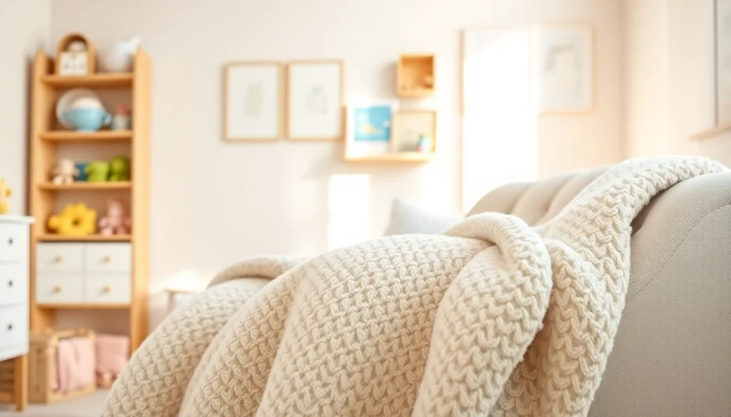 Baby blanket draped over a cozy chair, showcasing softness and inviting warmth for infants.