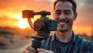 Capture the excitement of a professional using a Camera Stabilizer outdoors at sunset.