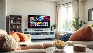 Comprar IPTV en un acogedor salón con una TV moderna mostrando contenido vibrante.