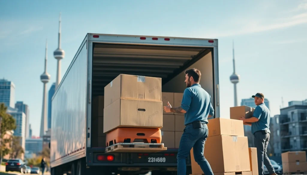 Movers in Toronto Ontario expertly handling boxes and furniture during a relocation.