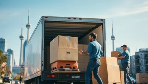 Movers in Toronto Ontario expertly handling boxes and furniture during a relocation.