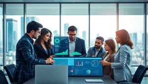 Analysts gathering insights through competitive intelligence data in a modern office.