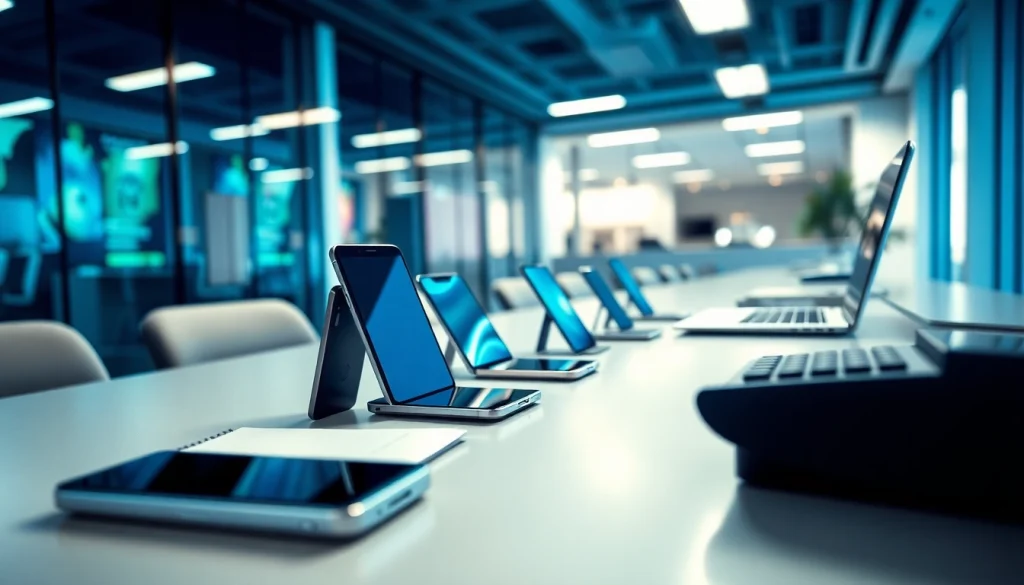 Instant phone buyer evaluating smartphones in a modern office setting.