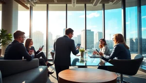 Engaging business collaboration in Charleston SC. with city skyline in the background.