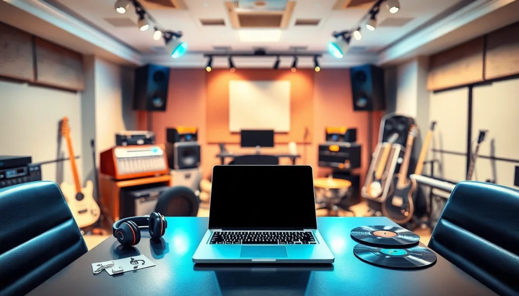 Showcasing a music PR company workspace with vibrant decor and sound equipment for professionals.