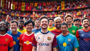 Crowd of passionate fans wearing Cheap Football Shirts celebrating in a vibrant stadium.