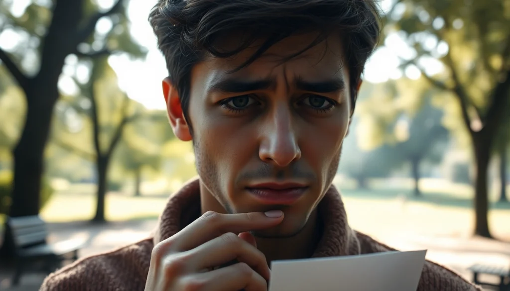 Emotional person reflecting on a relationship breakup in a tranquil park setting.