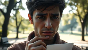 Emotional person reflecting on a relationship breakup in a tranquil park setting.