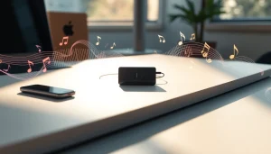 Check out https://hardwareplayer.com showcasing a sleek minimalist MP3 player amidst vibrant sound waves.