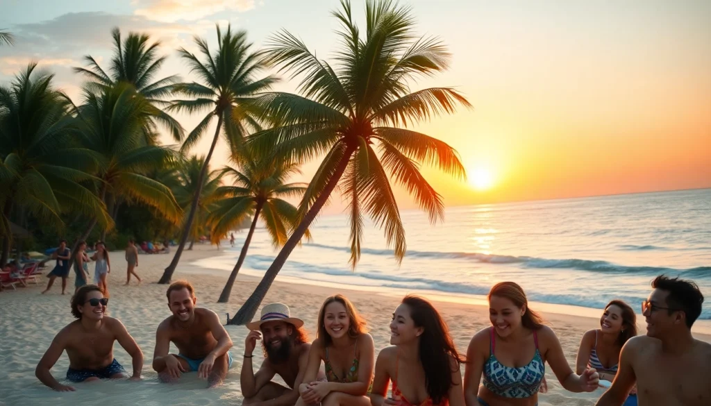 Happy travelers enjoying tour and travel at a beautiful beach during sunset.