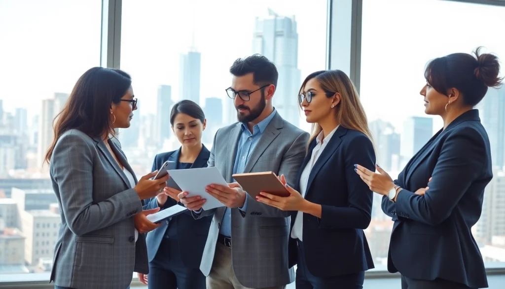 Engage with international business real estate professionals in a modern office setting.